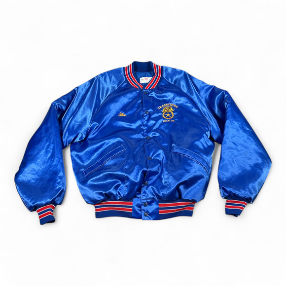 Vintage Teamsters Jacket Adult LARGE Blue King Louie Satin Bomber Union Made 80s - Picture 1 of 10